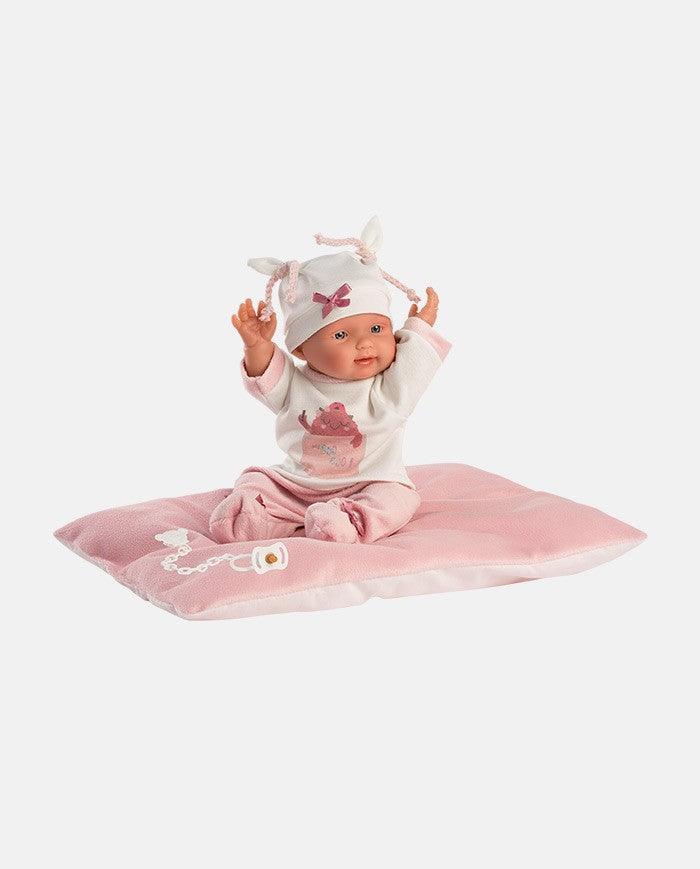 Papusa Llorens, Bebita, cu salteluta roz, - bebelus de jucarie 26 cm - bebelus silicon