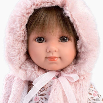 Papusa Llorens, Sara, cu vestuta si caciulita roz, 35 cm - papusi deosebite realizate manual - papusa par saten si ochi caprui