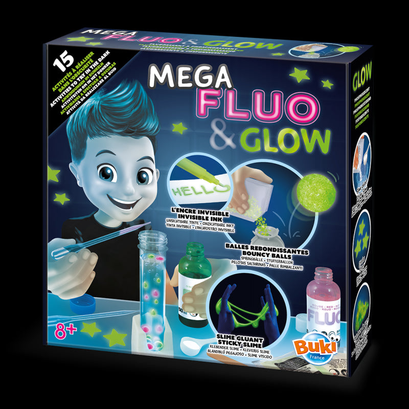 Mega Fluo & Glow - set experimente slime fluorescent, creeaza accesori florescente BUKI France