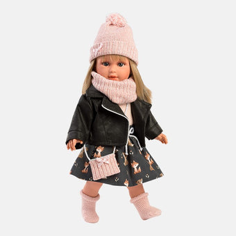 Papusa Llorens, Carla, cu fustita si geaca neagra, 40 cm - papusi deosebite, papusi realizate manual