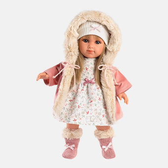 Papusa Llorens, Elena, cu rochita si pardesiu, 35 cm - papusi realizate manual - papusa preferata