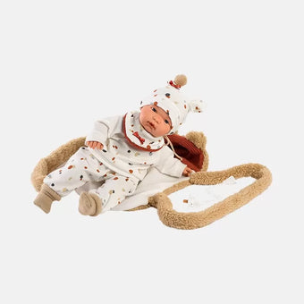 Papusa Llorens 38 cm, Joel cu portbebe maro 38 cm- sistem de purtare papusi - papusa cu sunete - papusa cu accesorii