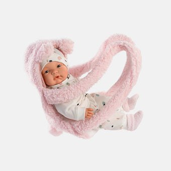 Papusa Llorens 38 cm, Joelle cu portbebe roz 38 cm- sistem de purtare papusi - papusa cu sunete - papusa cu accesorii