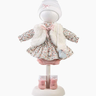 Haine papusi 35 cm - Imbracaminte Llorens, Papusi 35 cm, cu rochie cu vestuta si gentuta, 7 piese - hainute papusi