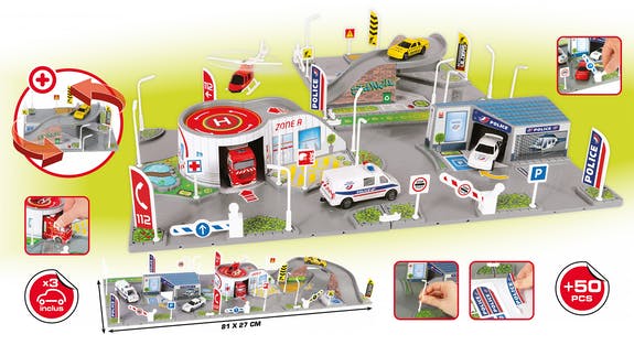 STARLUX City - Circuit Masinute si oras modular cu sectie de pompieri si politie -traseu masinute - parcare masinute