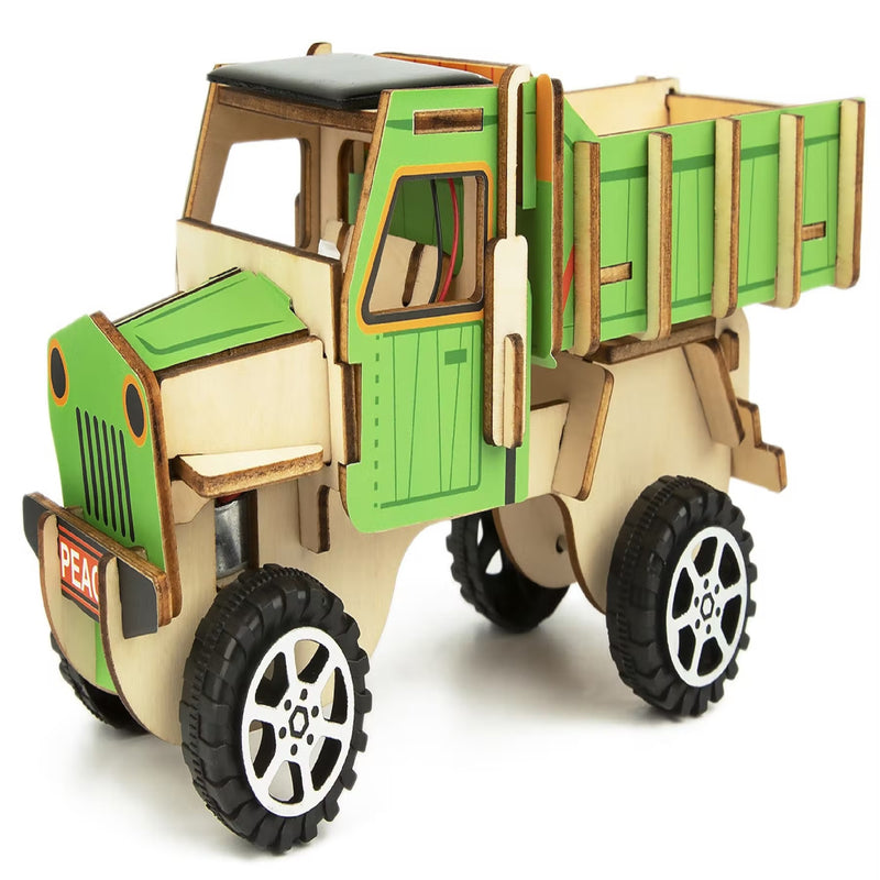 Jucarie STEM - Set DIY copii - Utilaje din lemn - Camion cu baterie solara