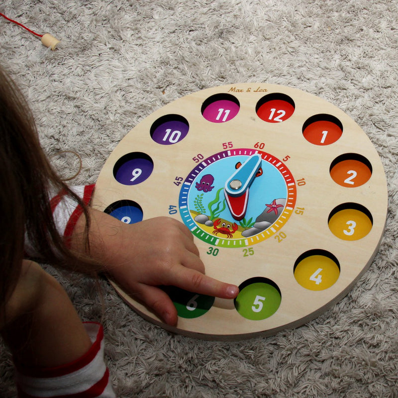 Tabla Invata Ceasul - Max and Lea - ceas de lemn copii - joc de pescuit magnetic